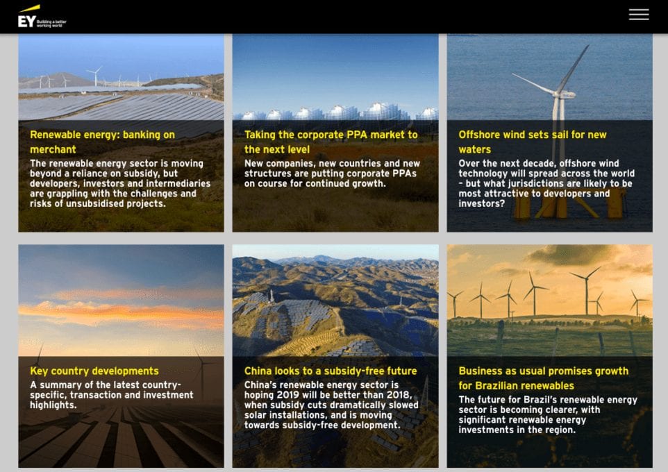 Ernst & Young website featuring 6 photos of windmills on different landscapes